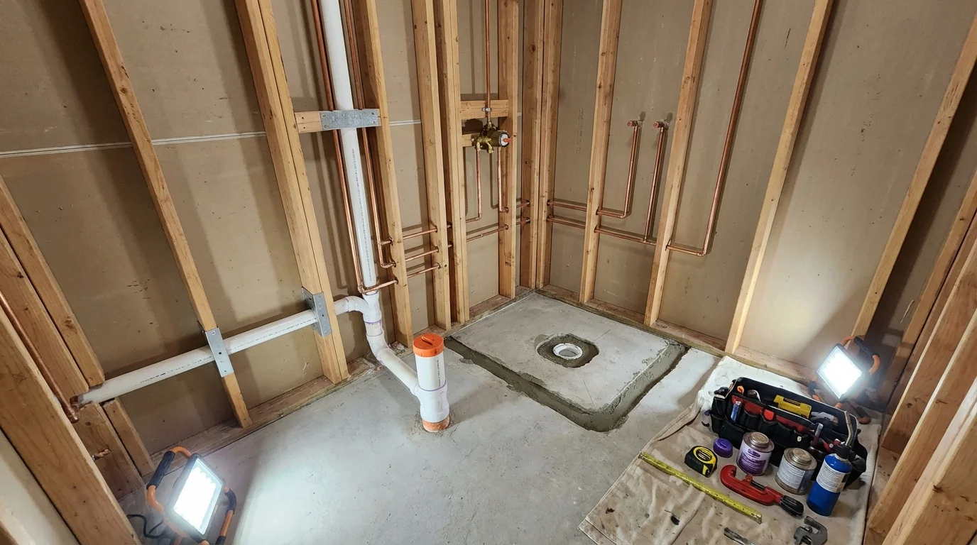 Bathroom rough-in plumbing during remodel by Johns Plumbing LLC in Pinson