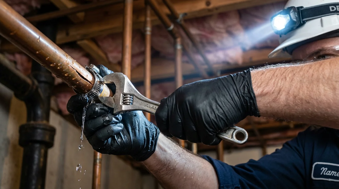 Emergency pipe clamp repair being performed by a Johns Plumbing LLC plumber in Pinson