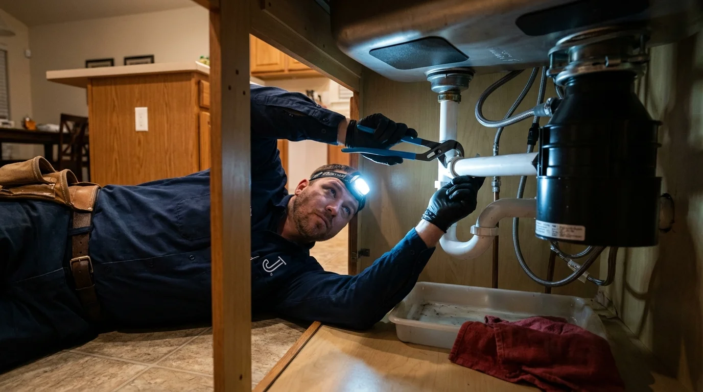 P-trap and supply line connections under a kitchen sink showing a common leak point in Pinson, AL